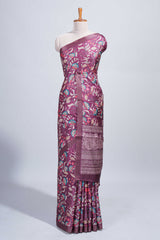 Maroon floral design tussar saree with self zari border and matching blouse