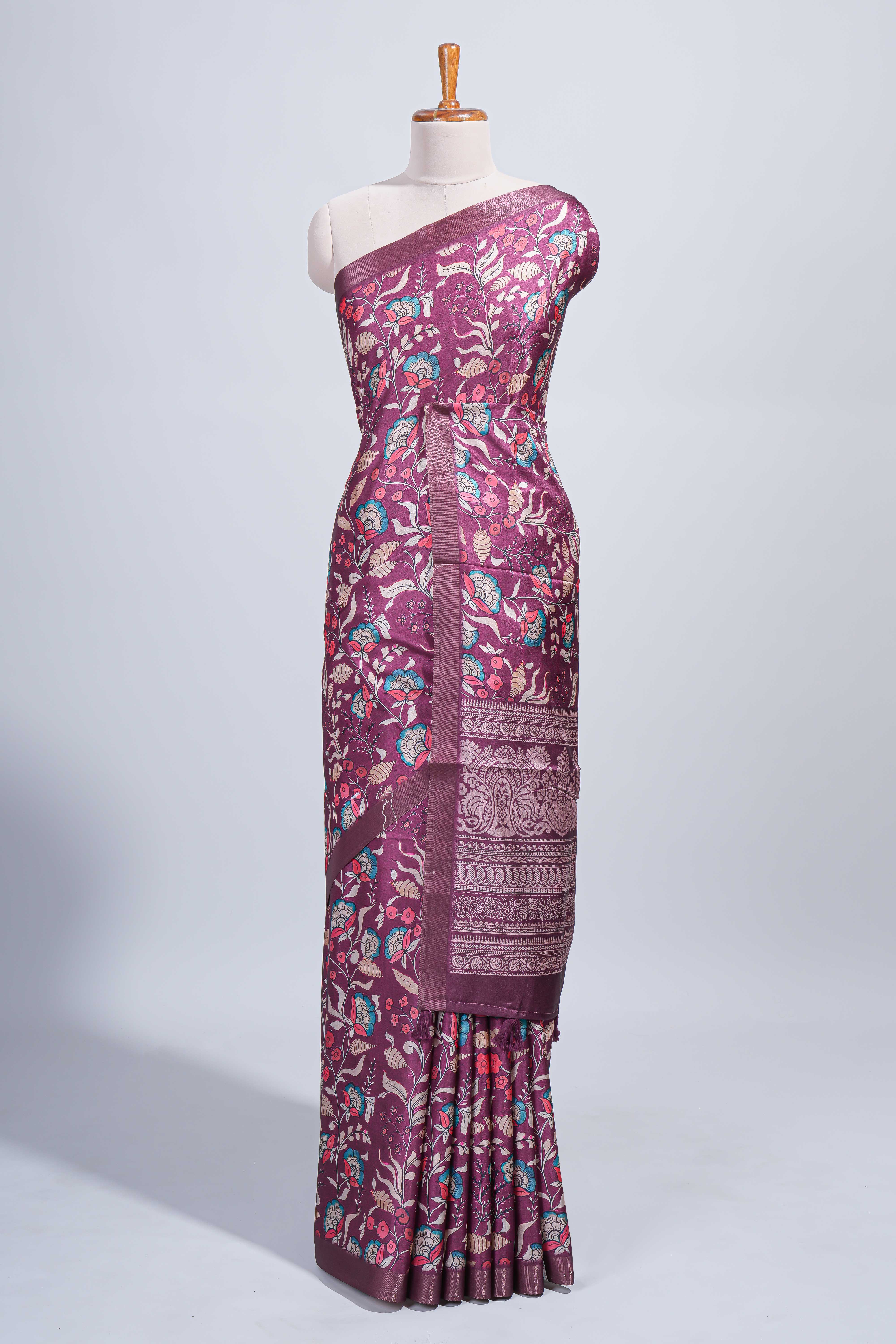 Maroon floral design tussar saree with self zari border and matching blouse