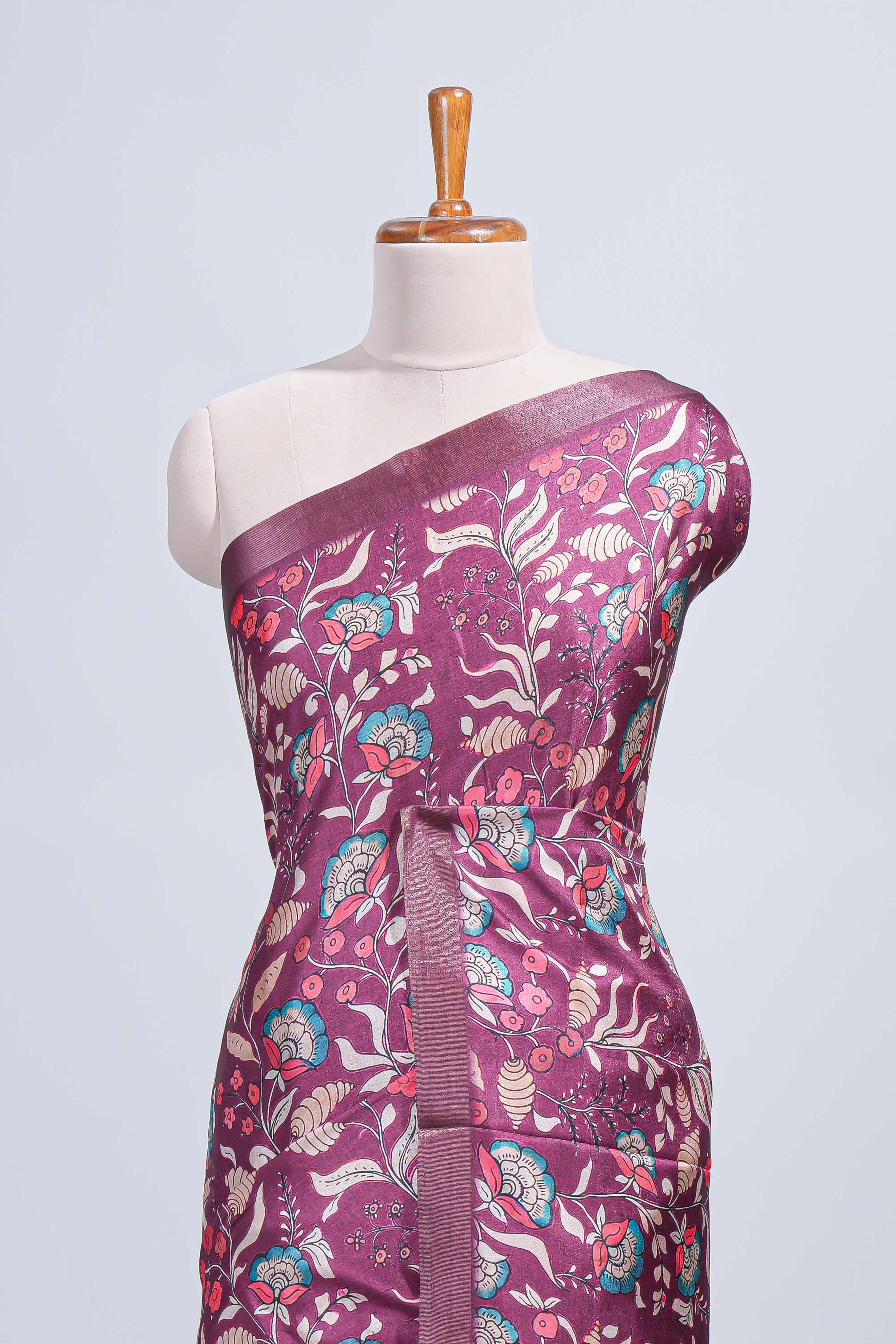 Maroon floral design tussar saree with self zari border and matching blouse