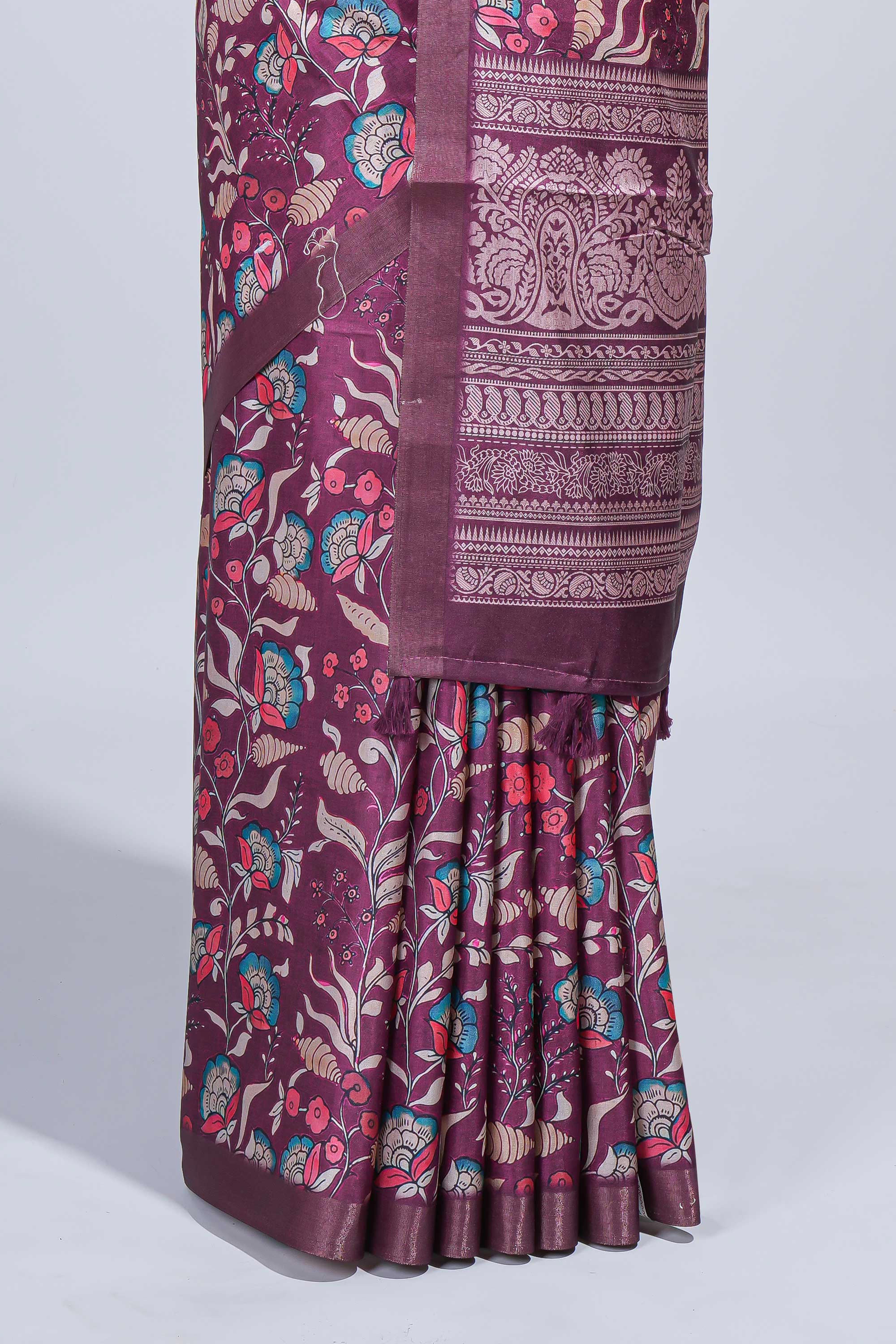Maroon floral design tussar saree with self zari border and matching blouse