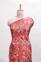 Red floral design tussar saree with self zari border and matching blouse
