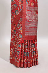 Red floral design tussar saree with self zari border and matching blouse