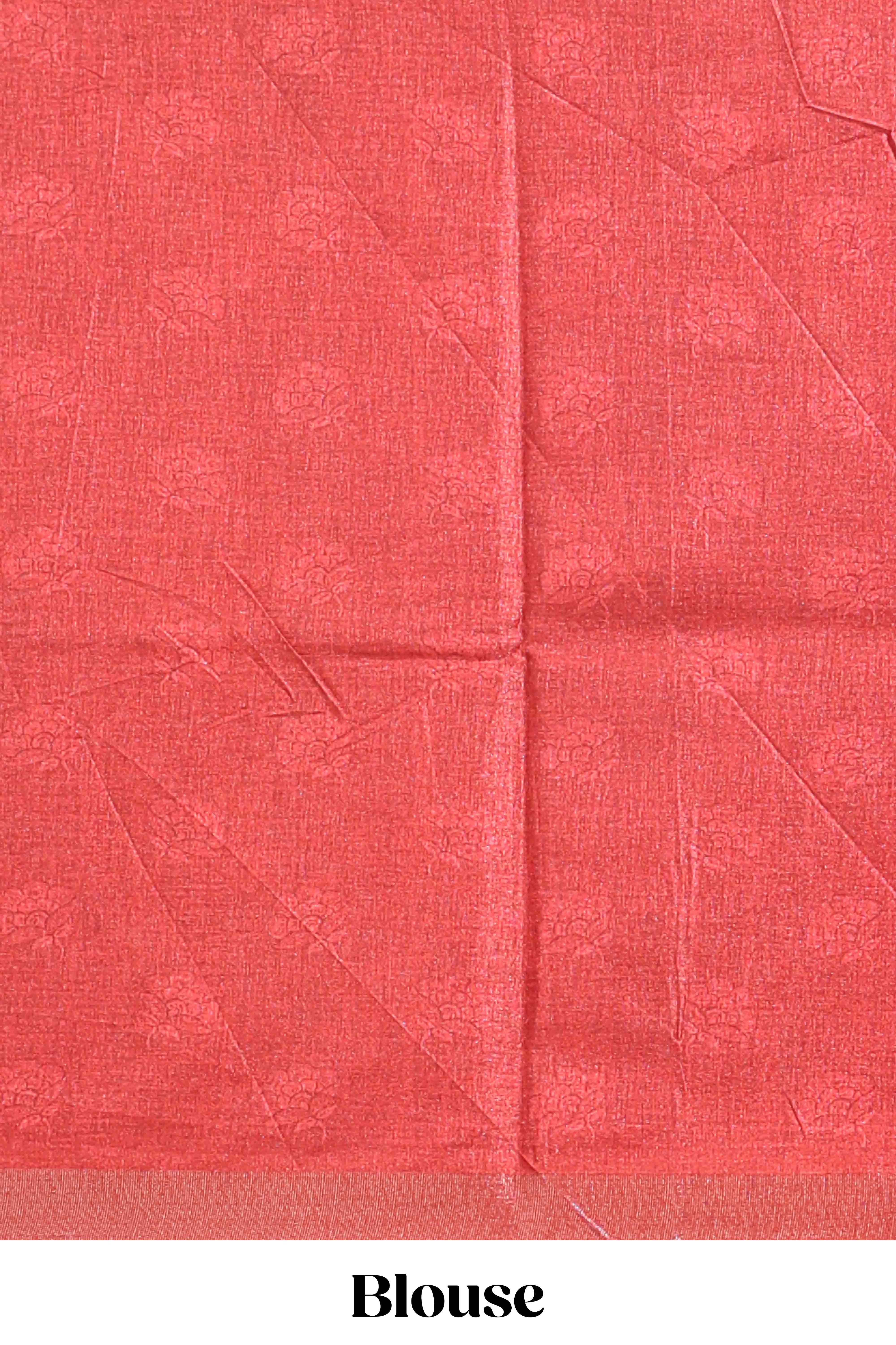 Red floral design tussar saree with self zari border and matching blouse