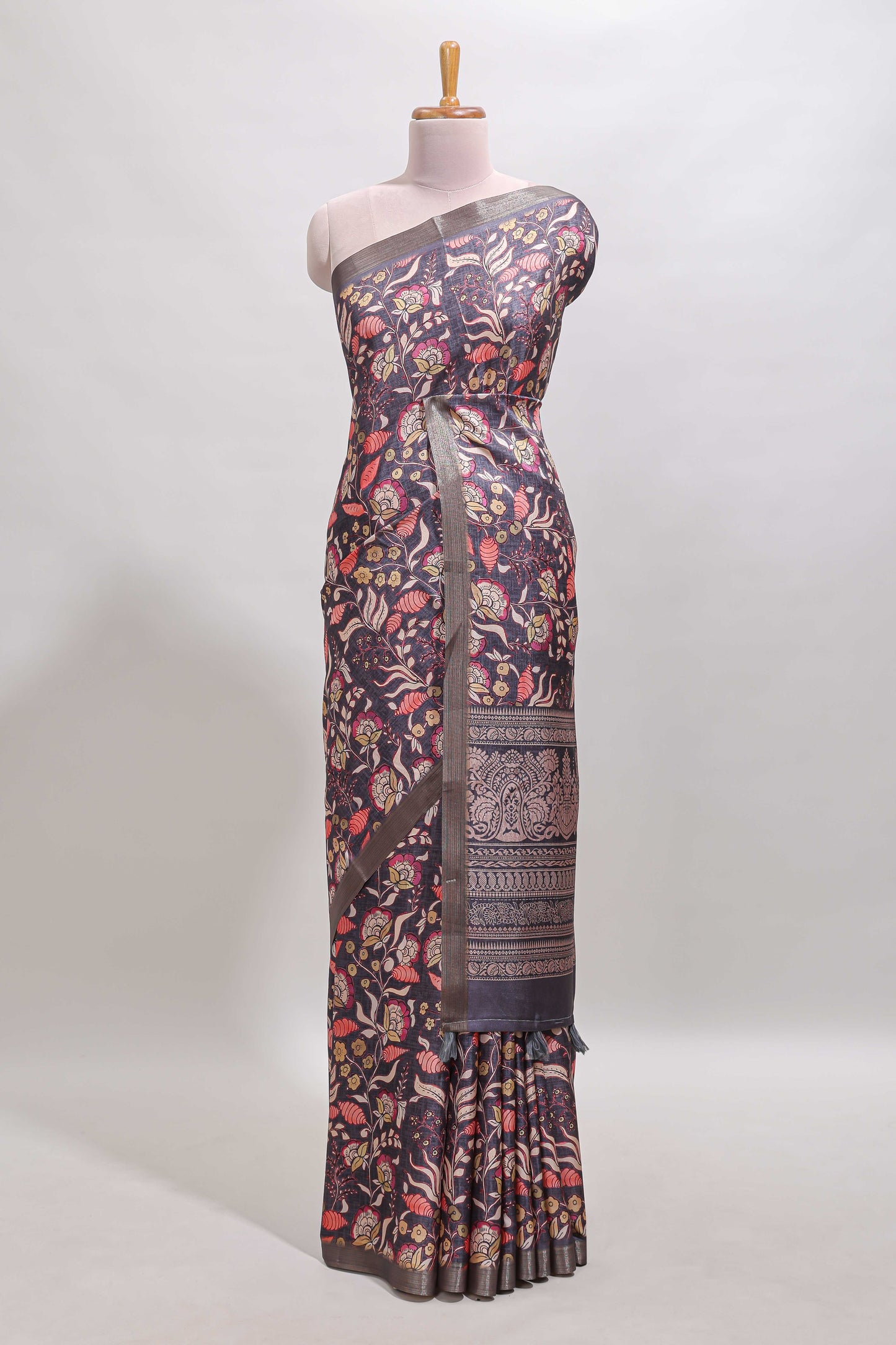 Grey floral design tussar saree with self zari border and matching blouse