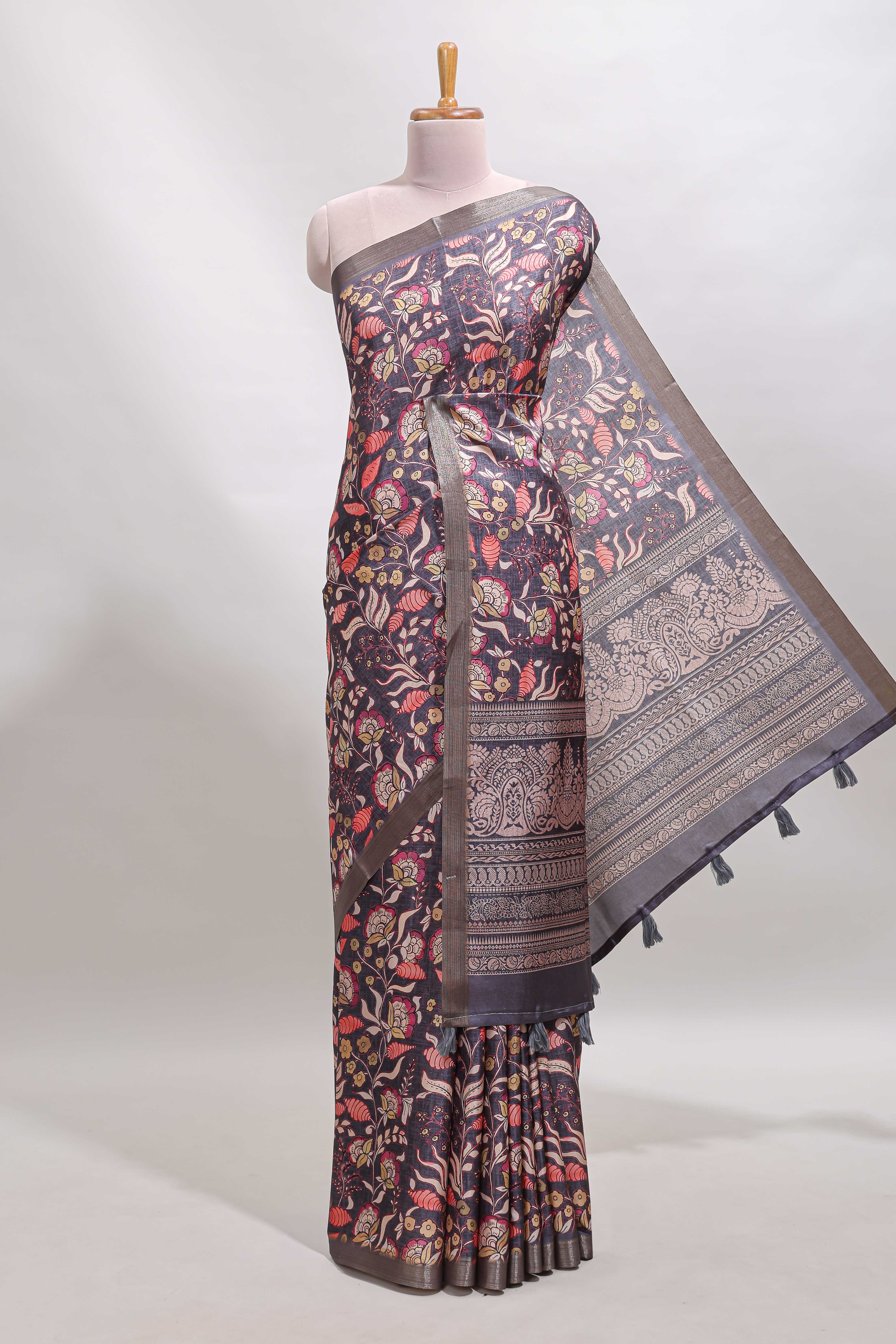 Grey floral design tussar saree with self zari border and matching blouse