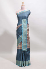 Blue checked madhubani style tussar saree with contrast zari border and matching blouse