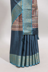 Blue checked madhubani style tussar saree with contrast zari border and matching blouse