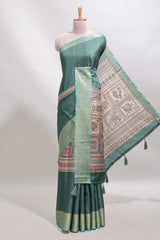 Green checked madhubani style tussar saree with contrast zari border and matching blouse