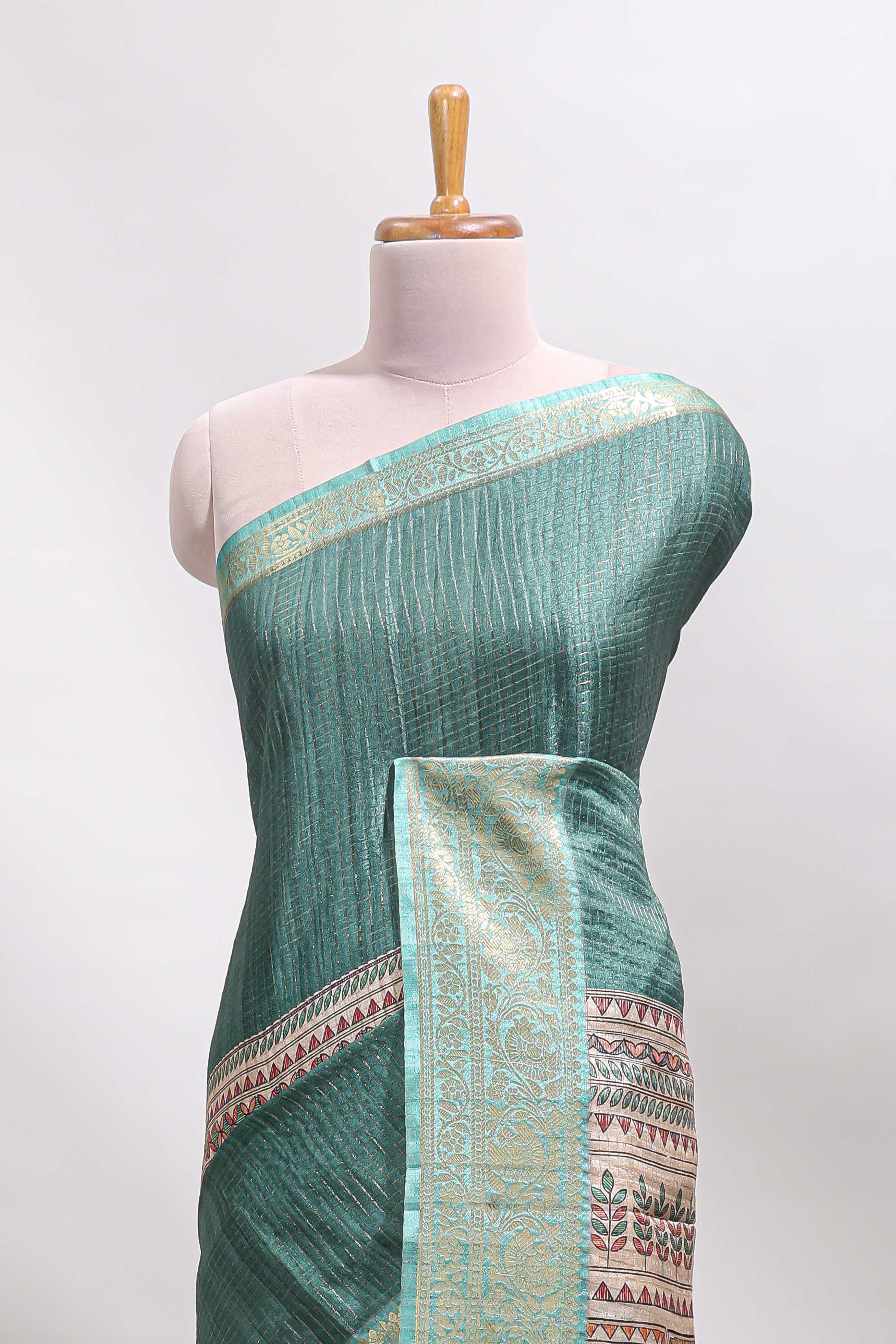Green checked madhubani style tussar saree with contrast zari border and matching blouse