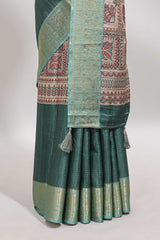 Green checked madhubani style tussar saree with contrast zari border and matching blouse