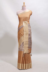 Sandal checked madhubani style tussar saree with contrast zari border and matching blouse
