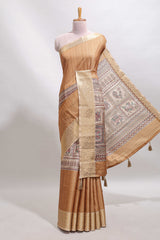 Sandal checked madhubani style tussar saree with contrast zari border and matching blouse