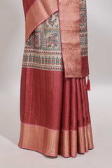 Maroon checked madhubani style tussar saree with contrast zari border and matching blouse