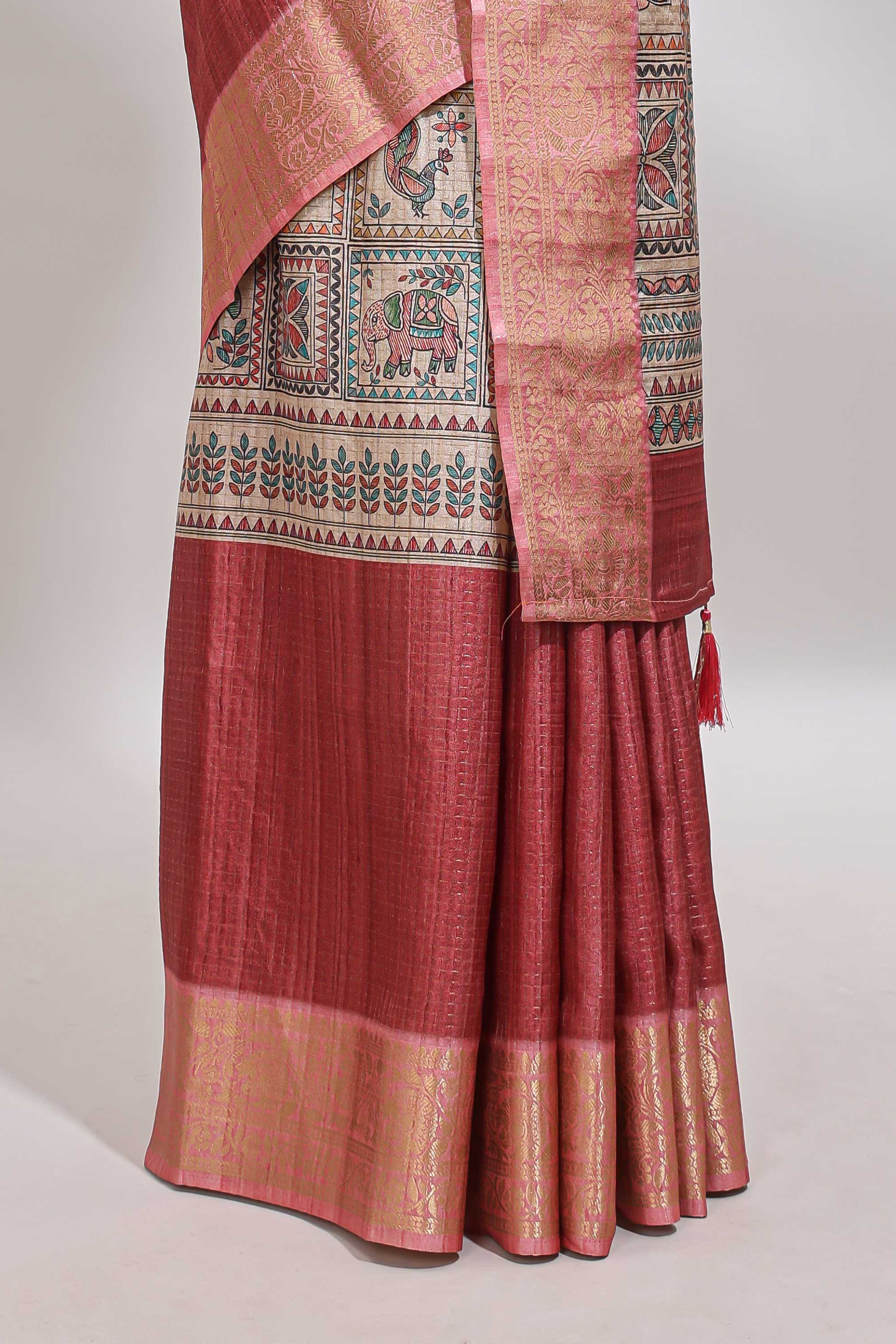 Maroon checked madhubani style tussar saree with contrast zari border and matching blouse
