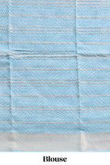 Baby pink geometric design tussar saree with contrast zari border and striped blouse