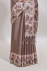 Beaver brown checked tussar saree with contrast ikkat style elephant and floral print border and printed pallu