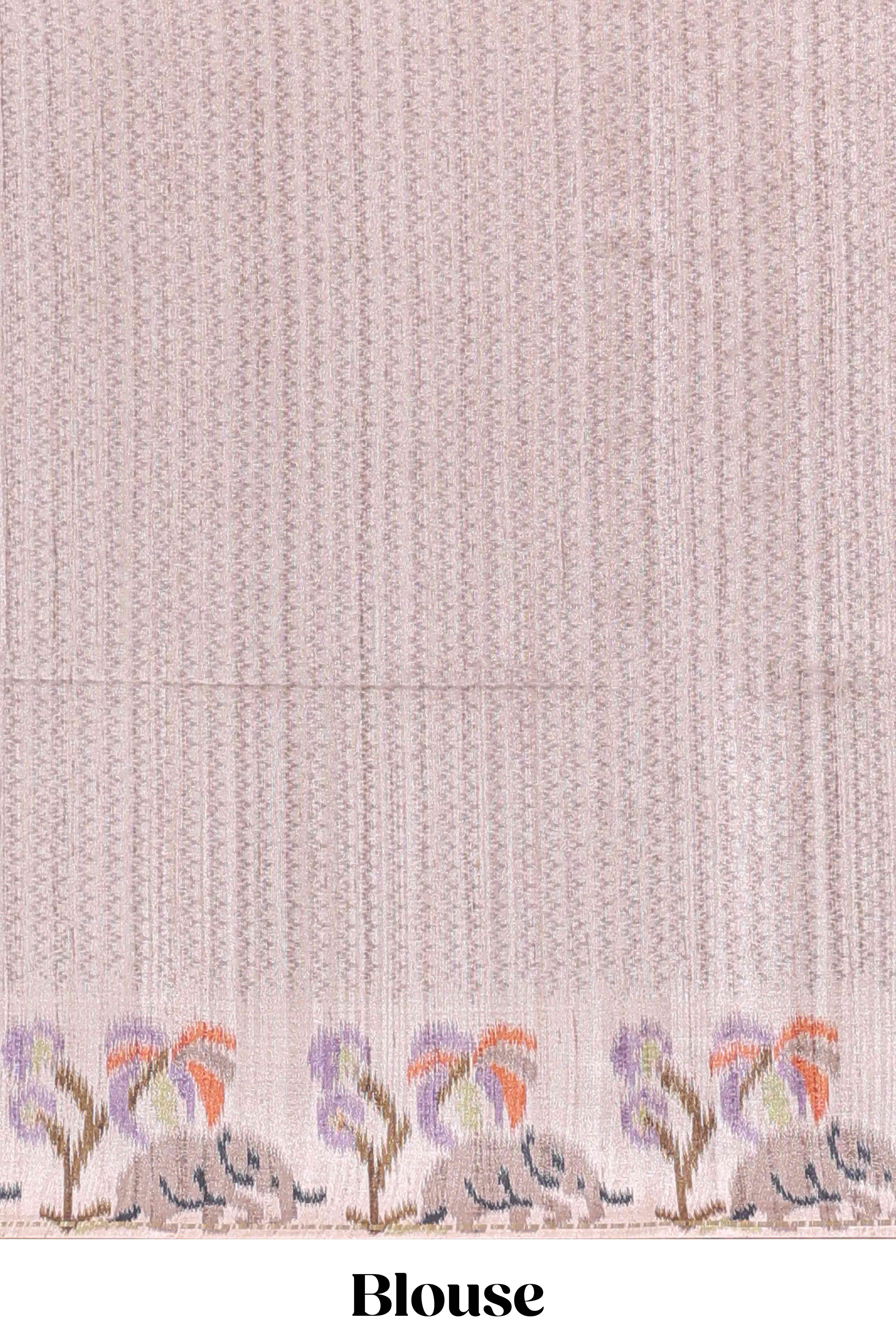 Beaver brown checked tussar saree with contrast ikkat style elephant and floral print border and printed pallu