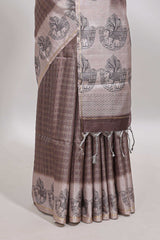 Brown checked tussar saree with contrast traditional elephant border and matching blouse