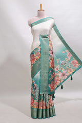Cream & green dual shade checked peacock & floral design tussar saree with self zari border and matching blouse