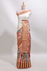 Cream & brown dual shade checked peacock & floral design tussar saree with self zari border and matching blouse