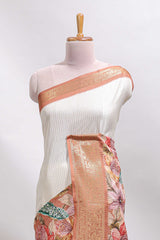 Cream & brown dual shade checked peacock & floral design tussar saree with self zari border and matching blouse