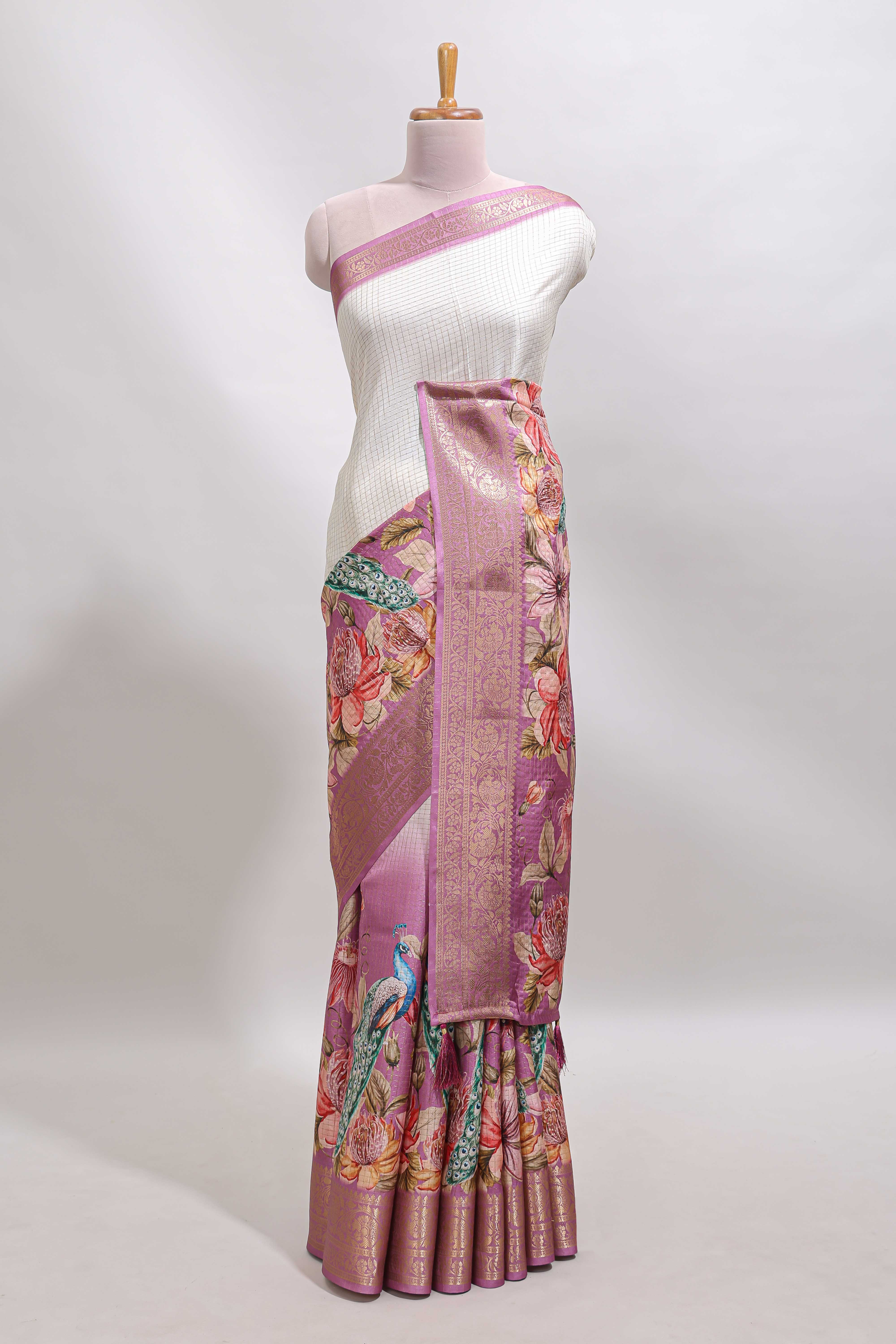 Cream & pink dual shade checked peacock & floral design tussar saree with self zari border and matching blouse
