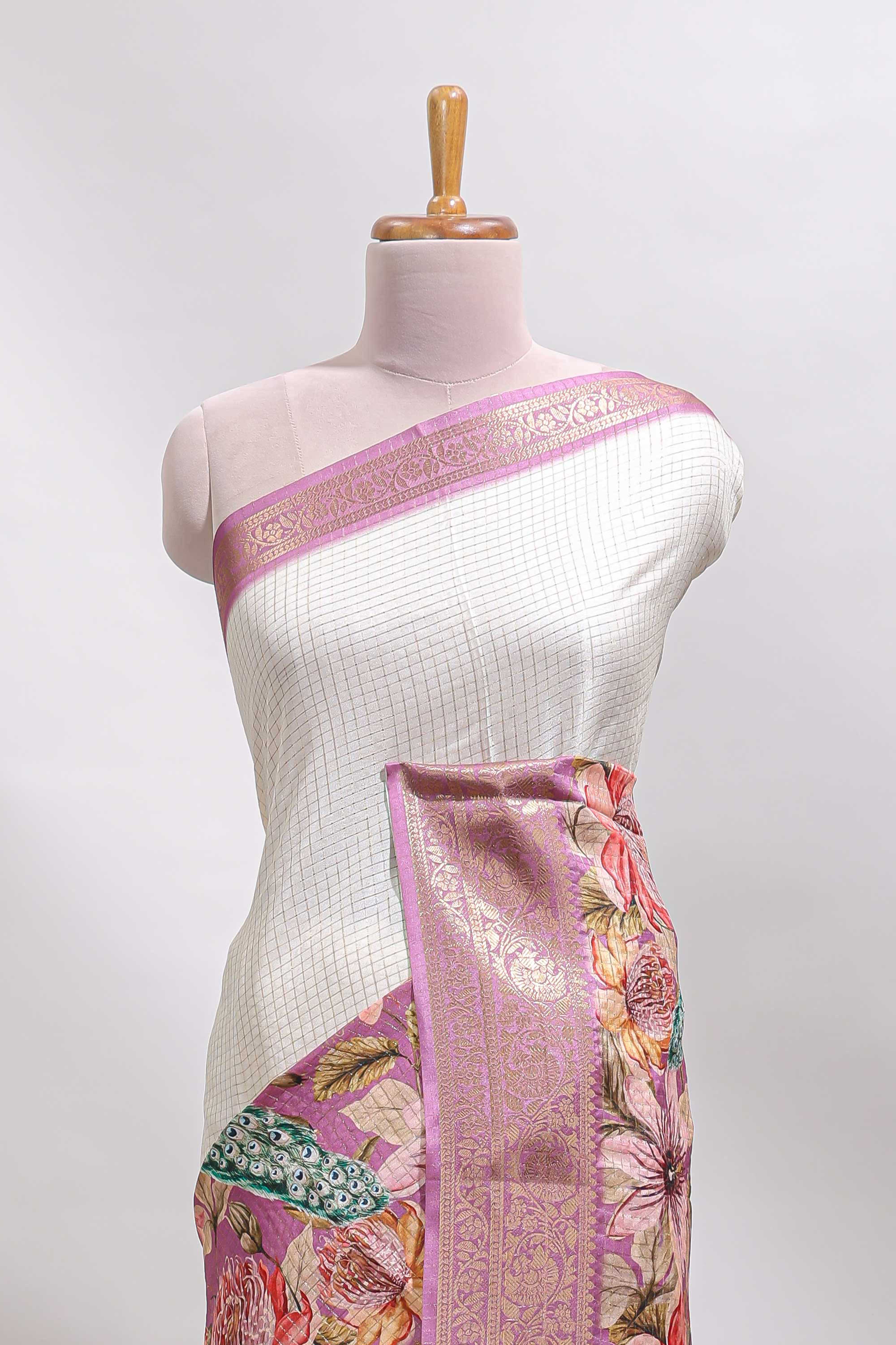 Cream & pink dual shade checked peacock & floral design tussar saree with self zari border and matching blouse