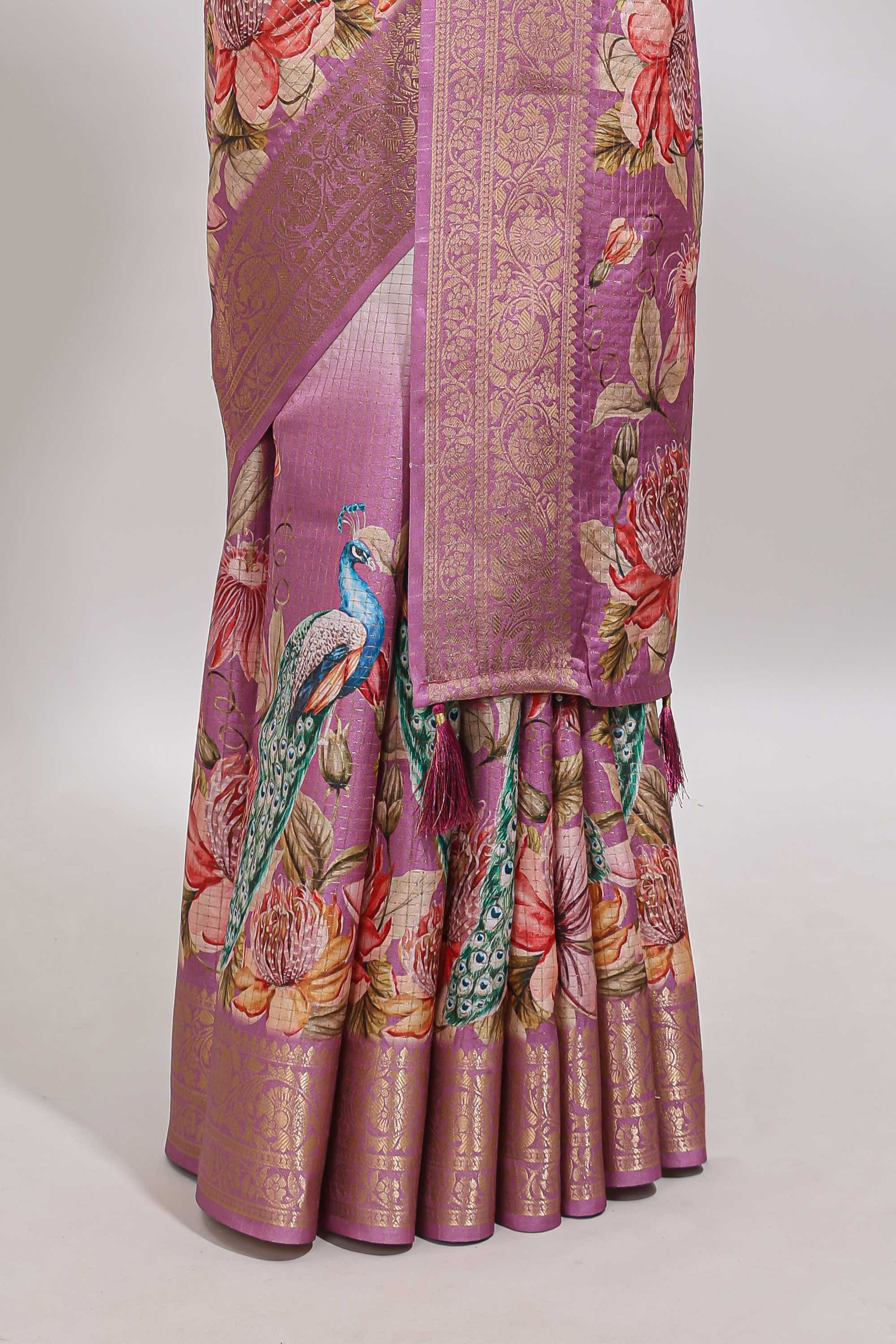 Cream & pink dual shade checked peacock & floral design tussar saree with self zari border and matching blouse