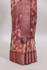 Cream & peach dual shade checked peacock & floral design tussar saree with self zari border and matching blouse