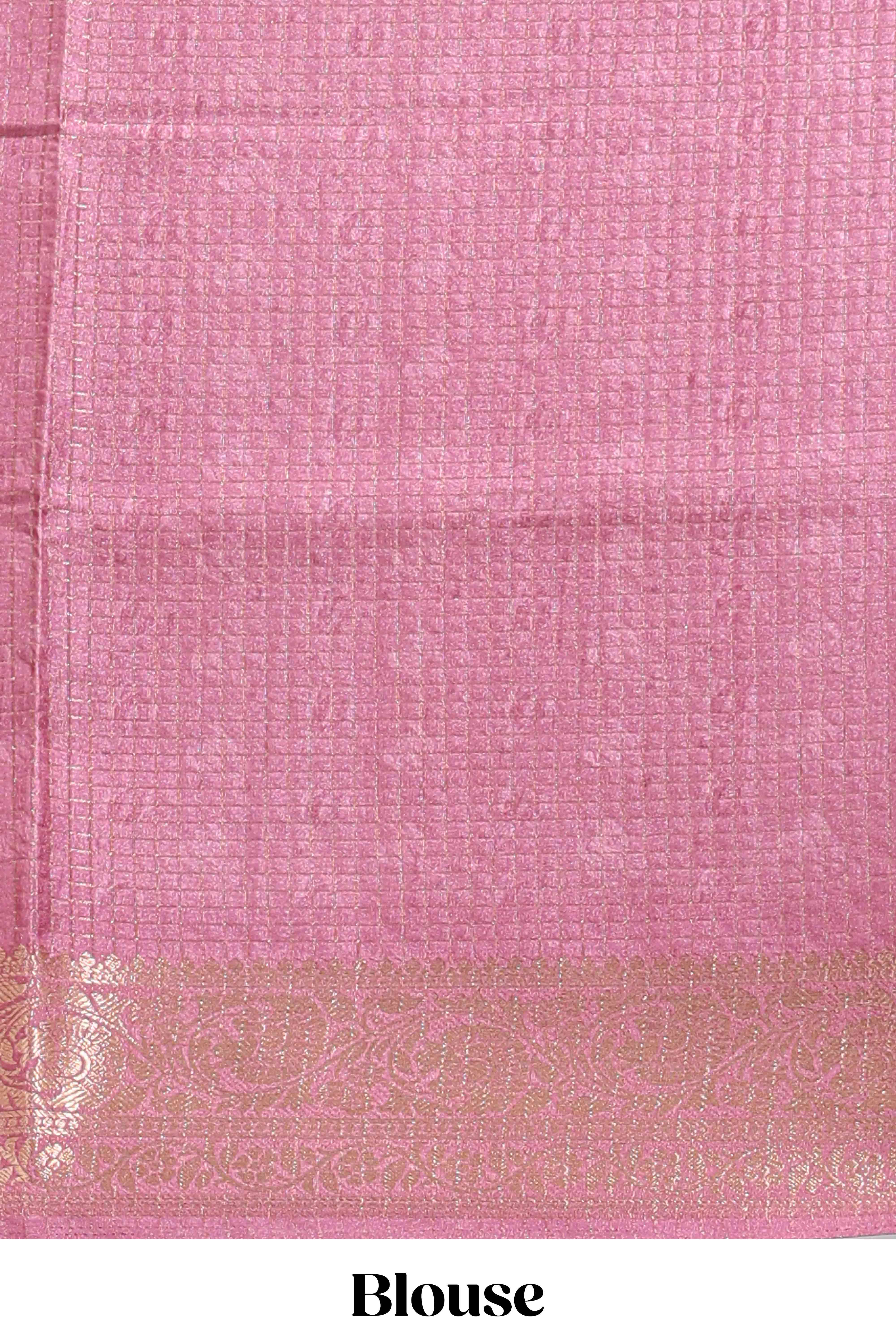 Cream & peach dual shade checked peacock & floral design tussar saree with self zari border and matching blouse