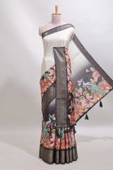 Cream & black dual shade checked peacock & floral design tussar saree with self zari border and matching blouse