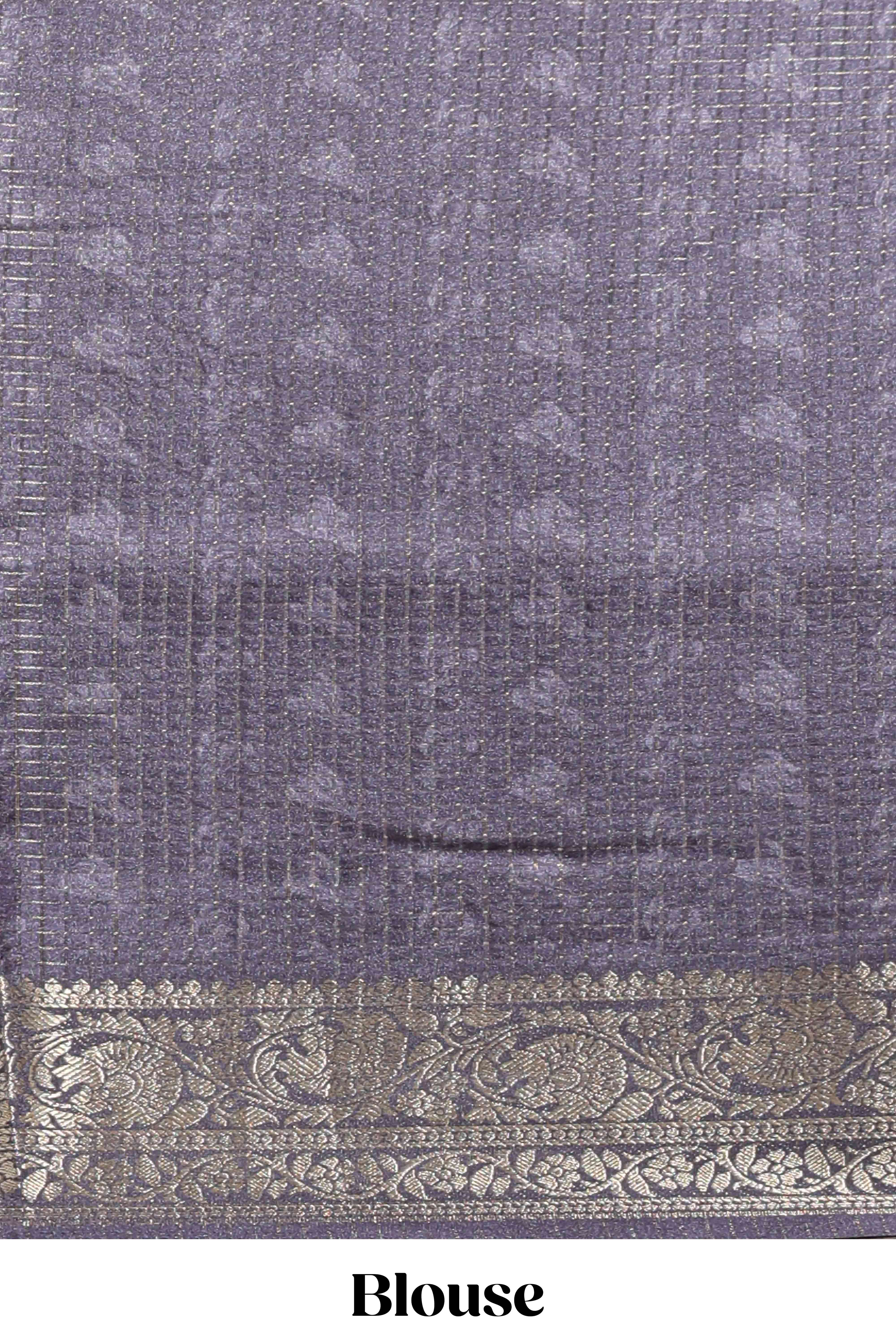 Cream & black dual shade checked peacock & floral design tussar saree with self zari border and matching blouse