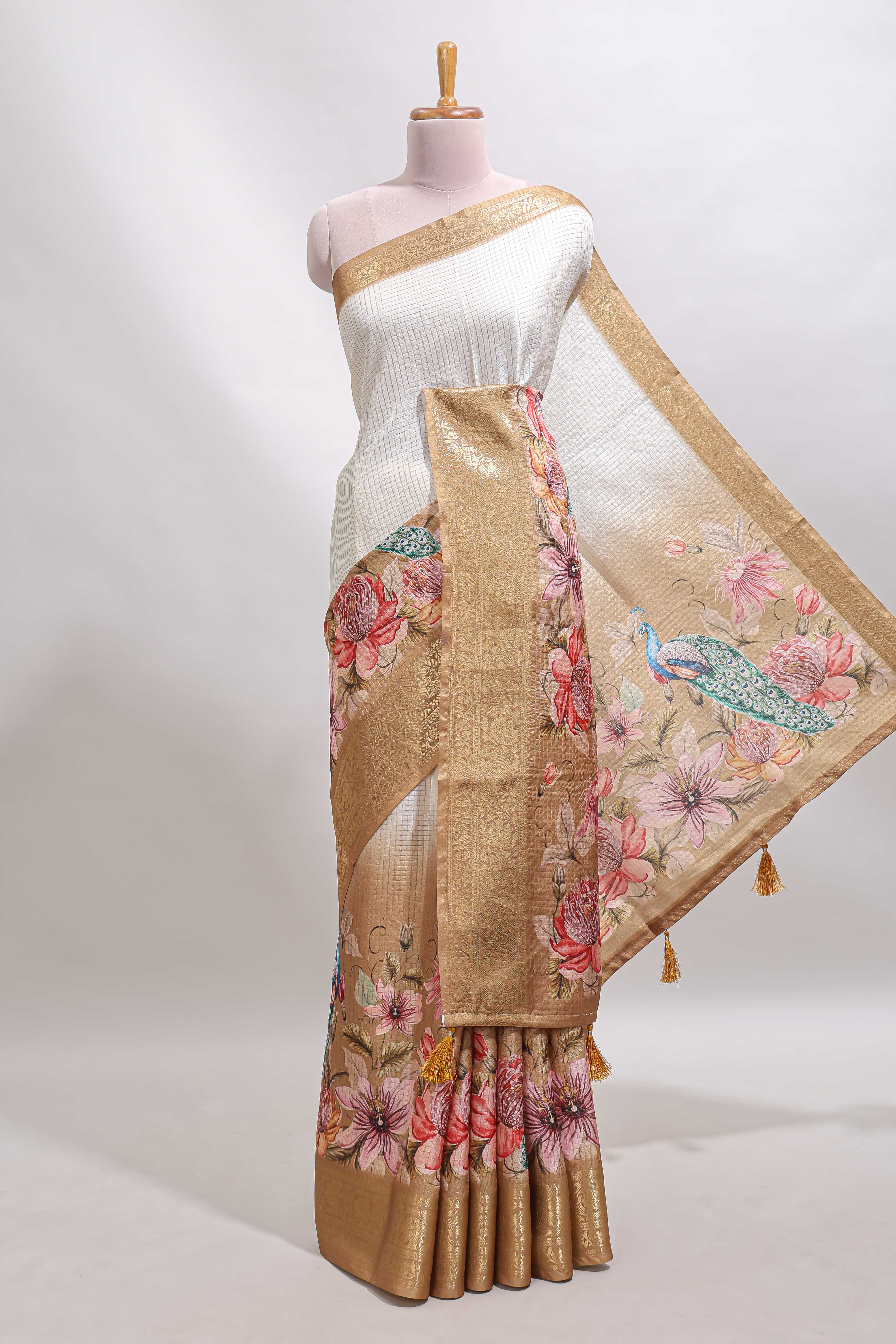 Cream & mustard dual shade checked peacock & floral design tussar saree with self zari border and matching blouse