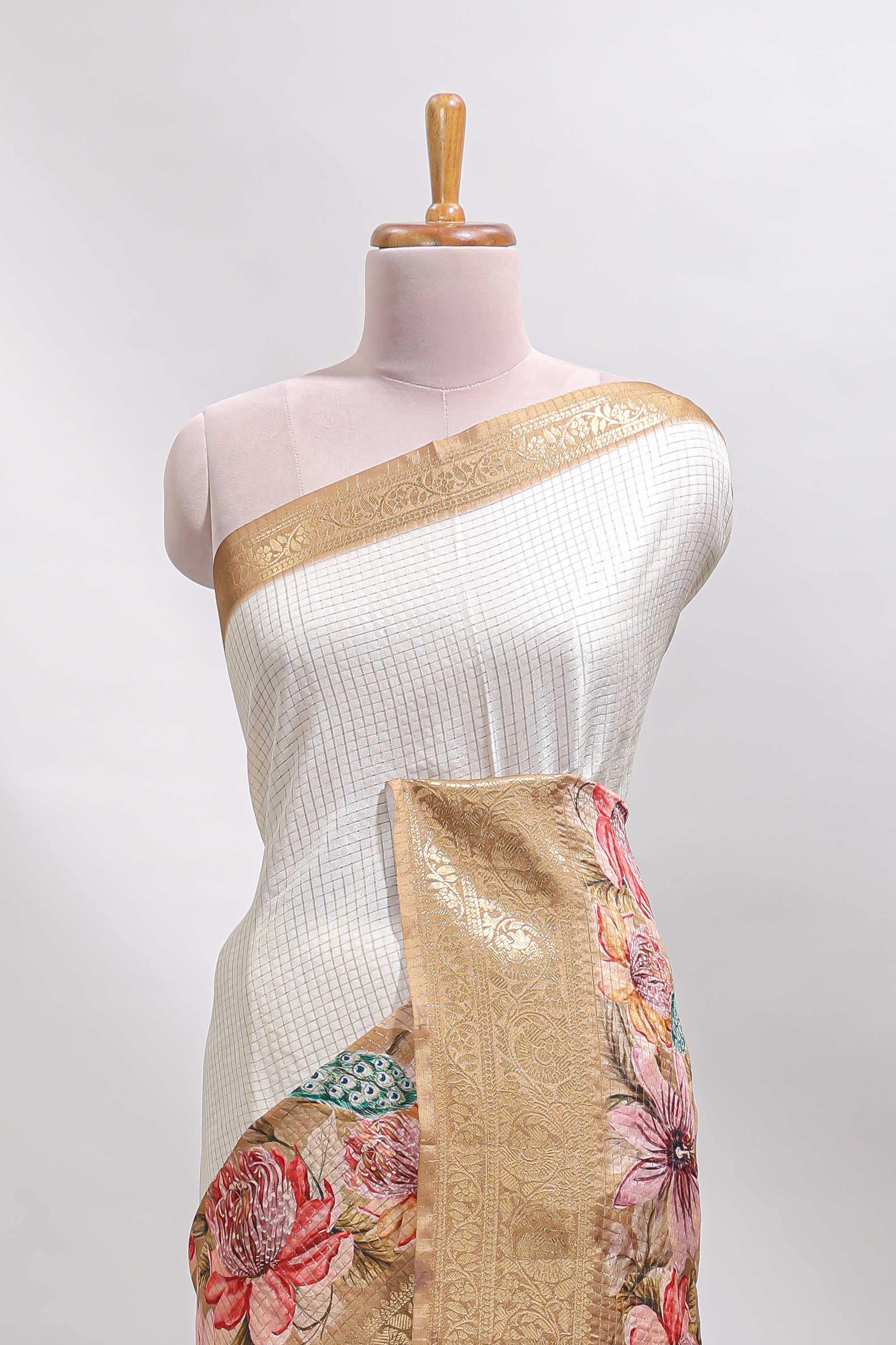 Cream & mustard dual shade checked peacock & floral design tussar saree with self zari border and matching blouse
