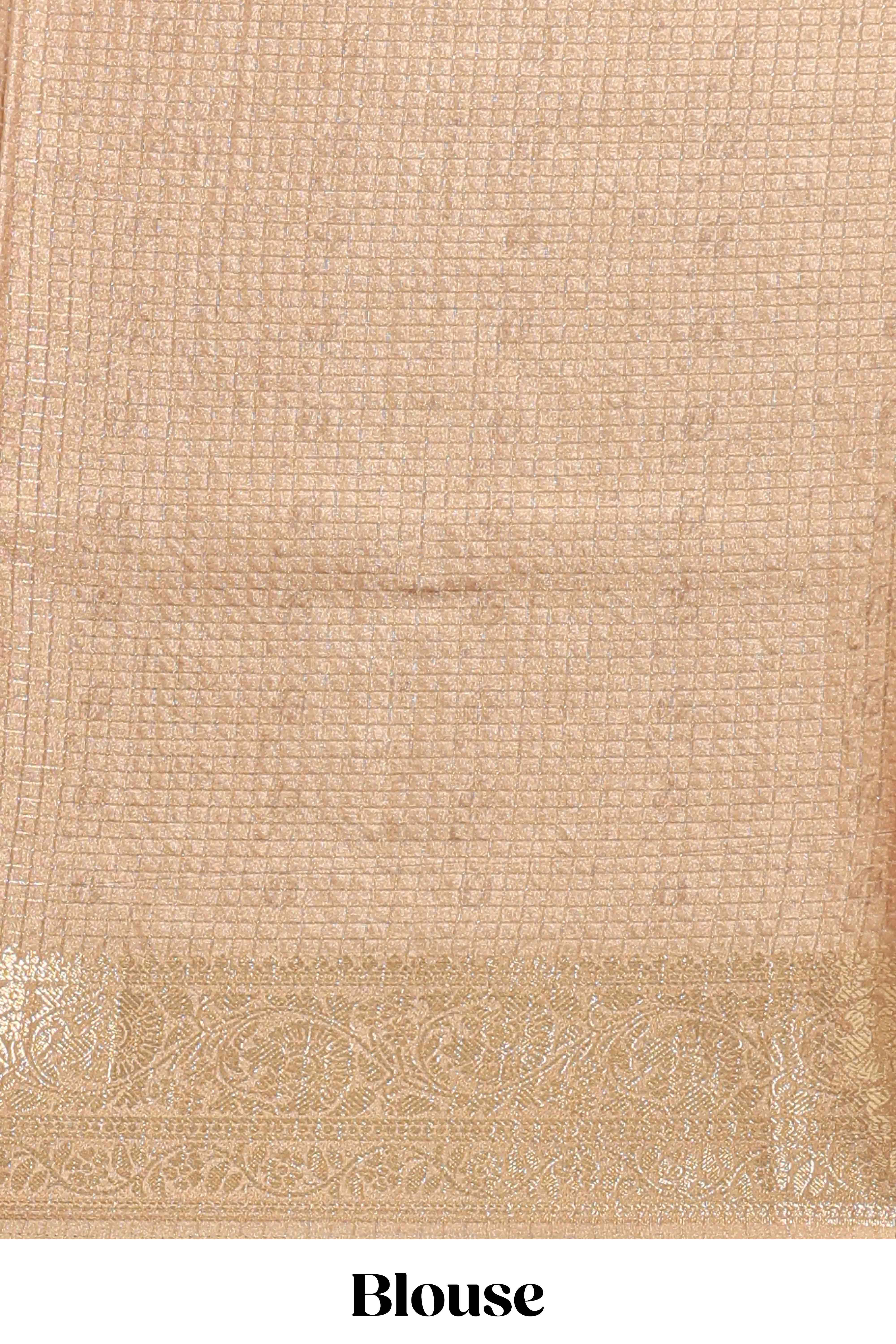 Cream & mustard dual shade checked peacock & floral design tussar saree with self zari border and matching blouse