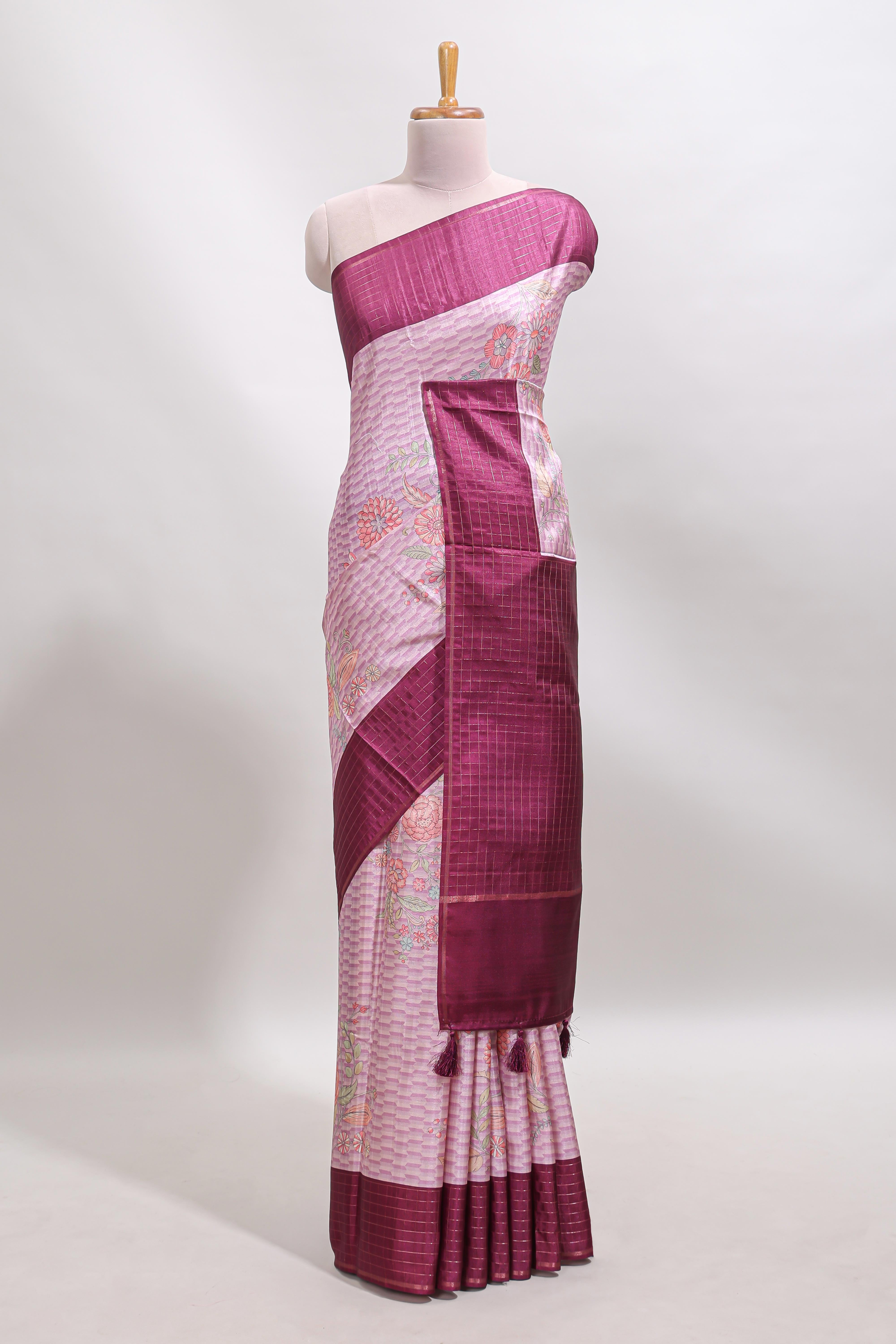Pink geometric floral design tussar saree with contrast border and floral print blouse
