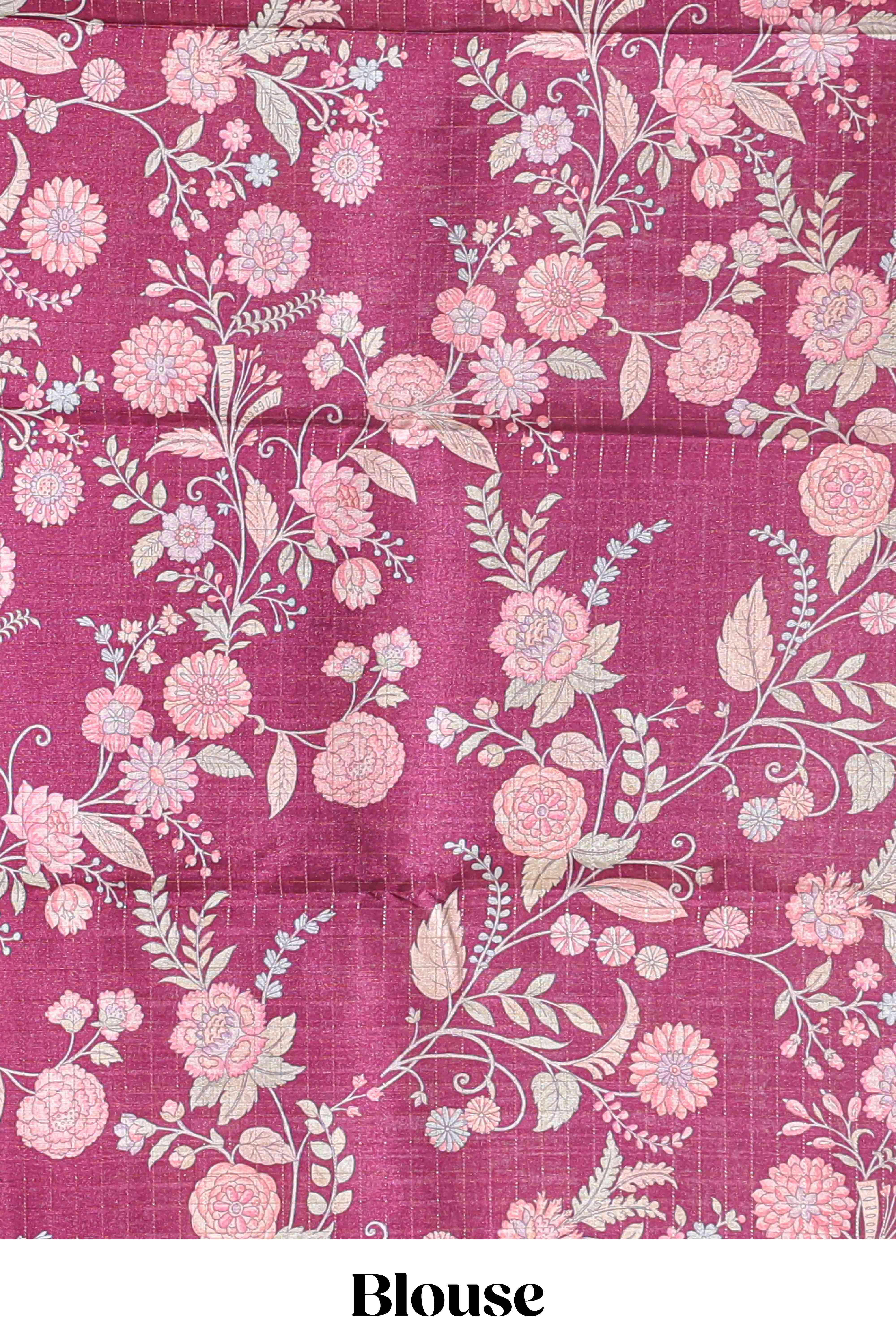 Pink geometric floral design tussar saree with contrast border and floral print blouse