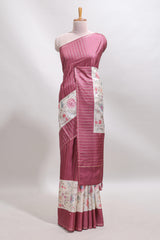 Cream floral design tussar saree with contrast border and floral print blouse