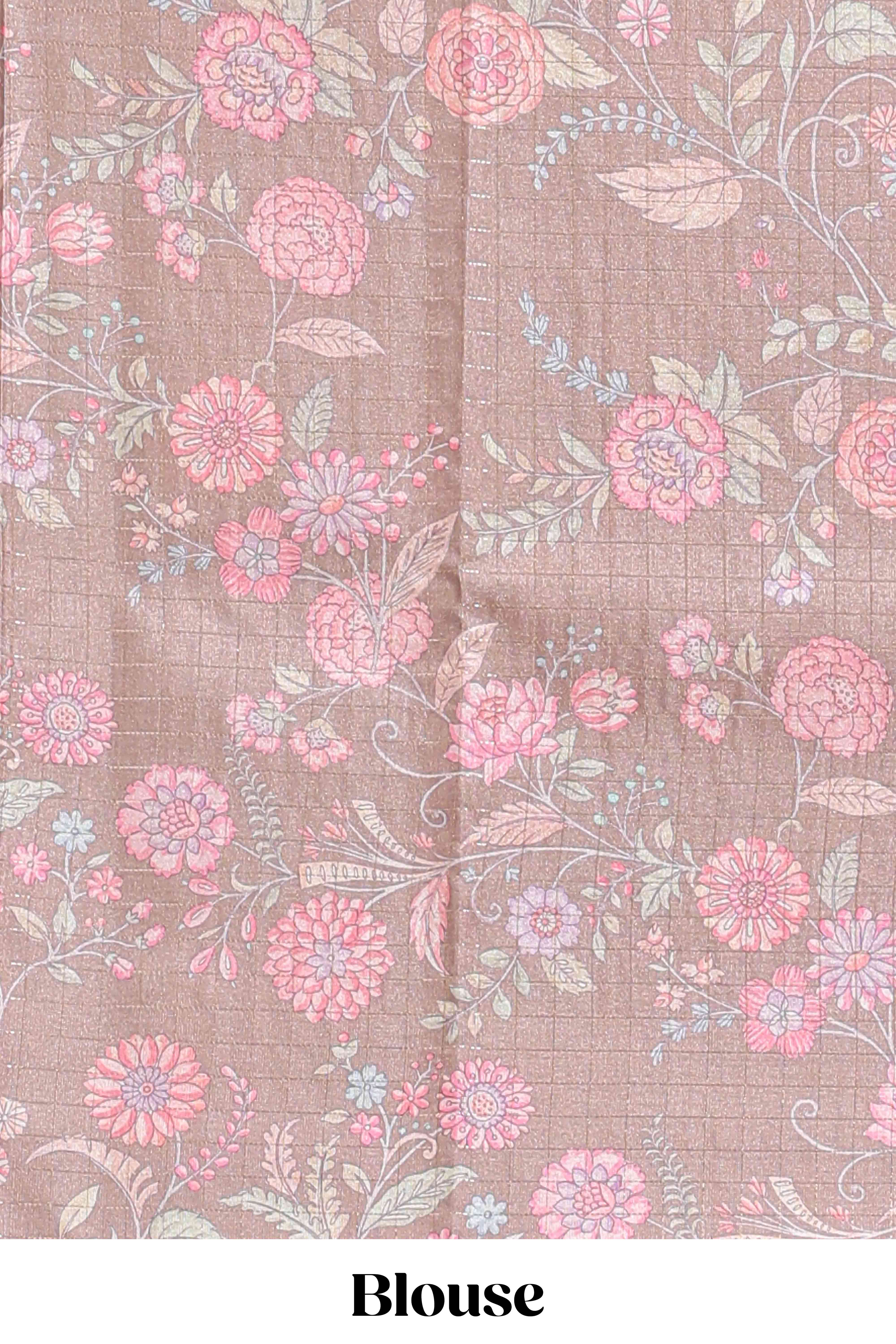 Beige geometric floral design tussar saree with contrast border and floral print blouse