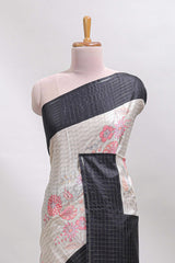 Grey geometric floral design tussar saree with contrast border and floral print blouse
