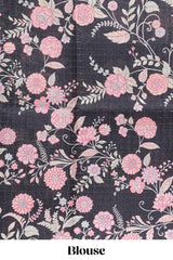 Grey geometric floral design tussar saree with contrast border and floral print blouse