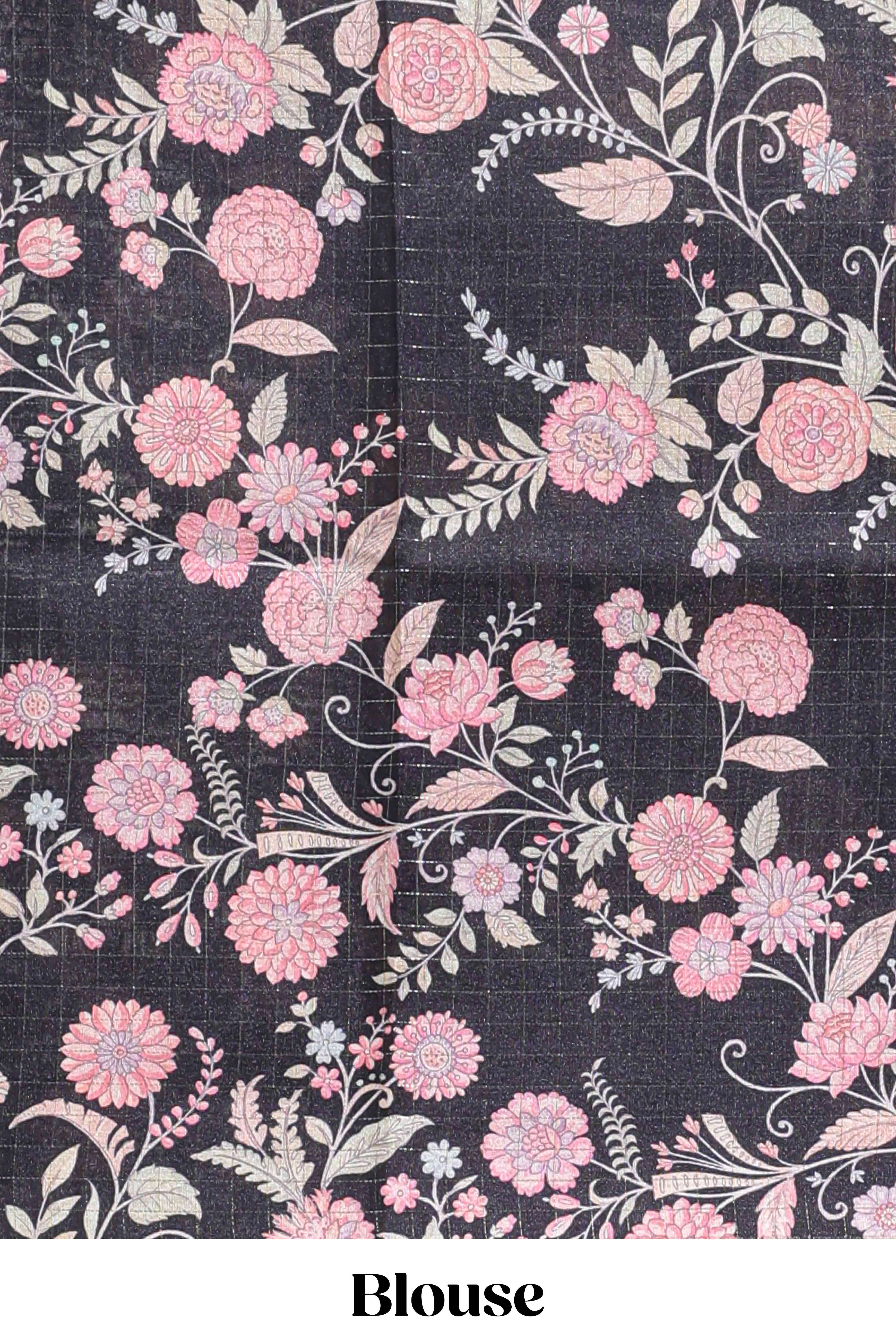 Grey geometric floral design tussar saree with contrast border and floral print blouse