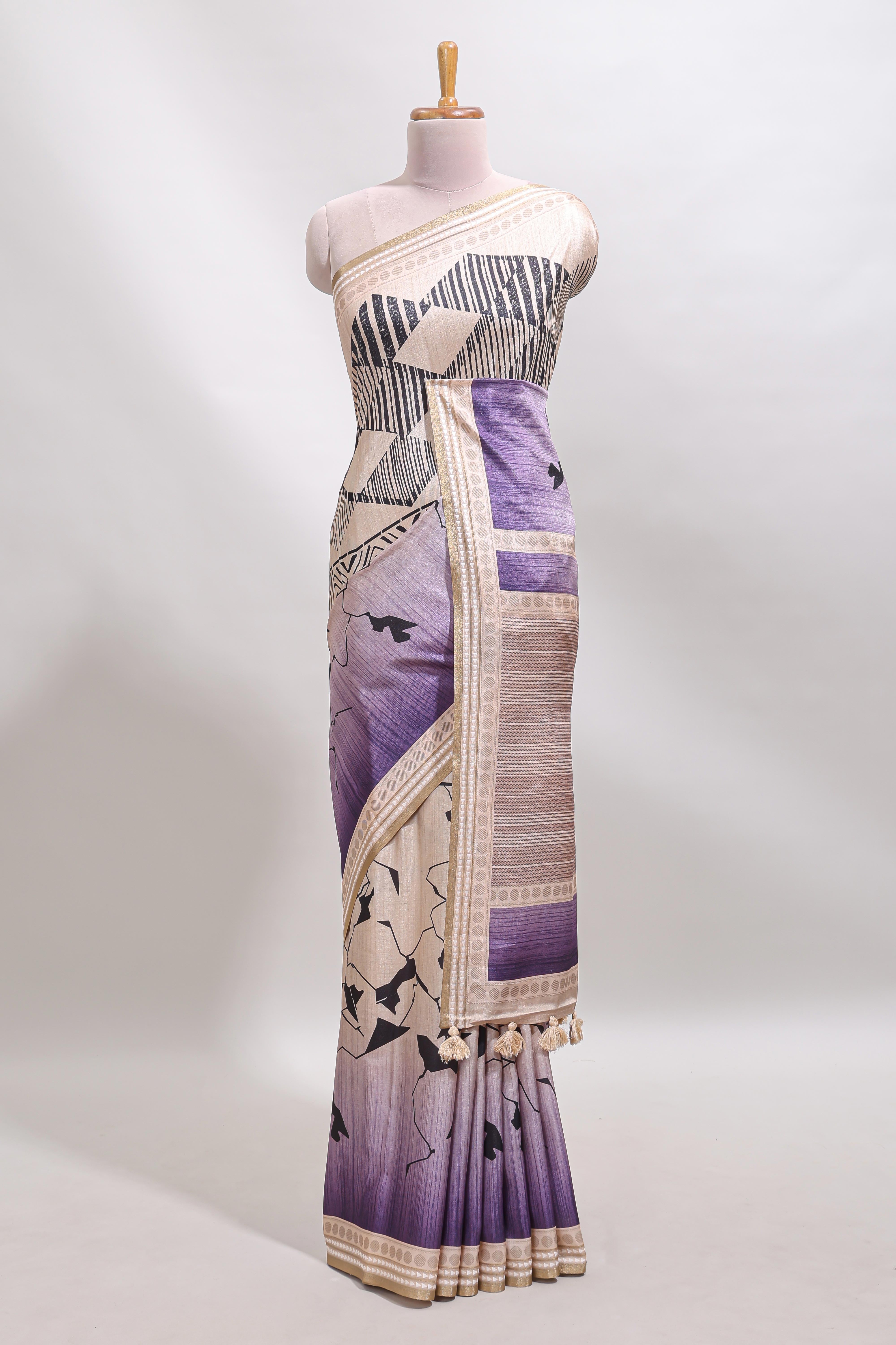 Beige geometric design tussar saree with self border and matching blouse