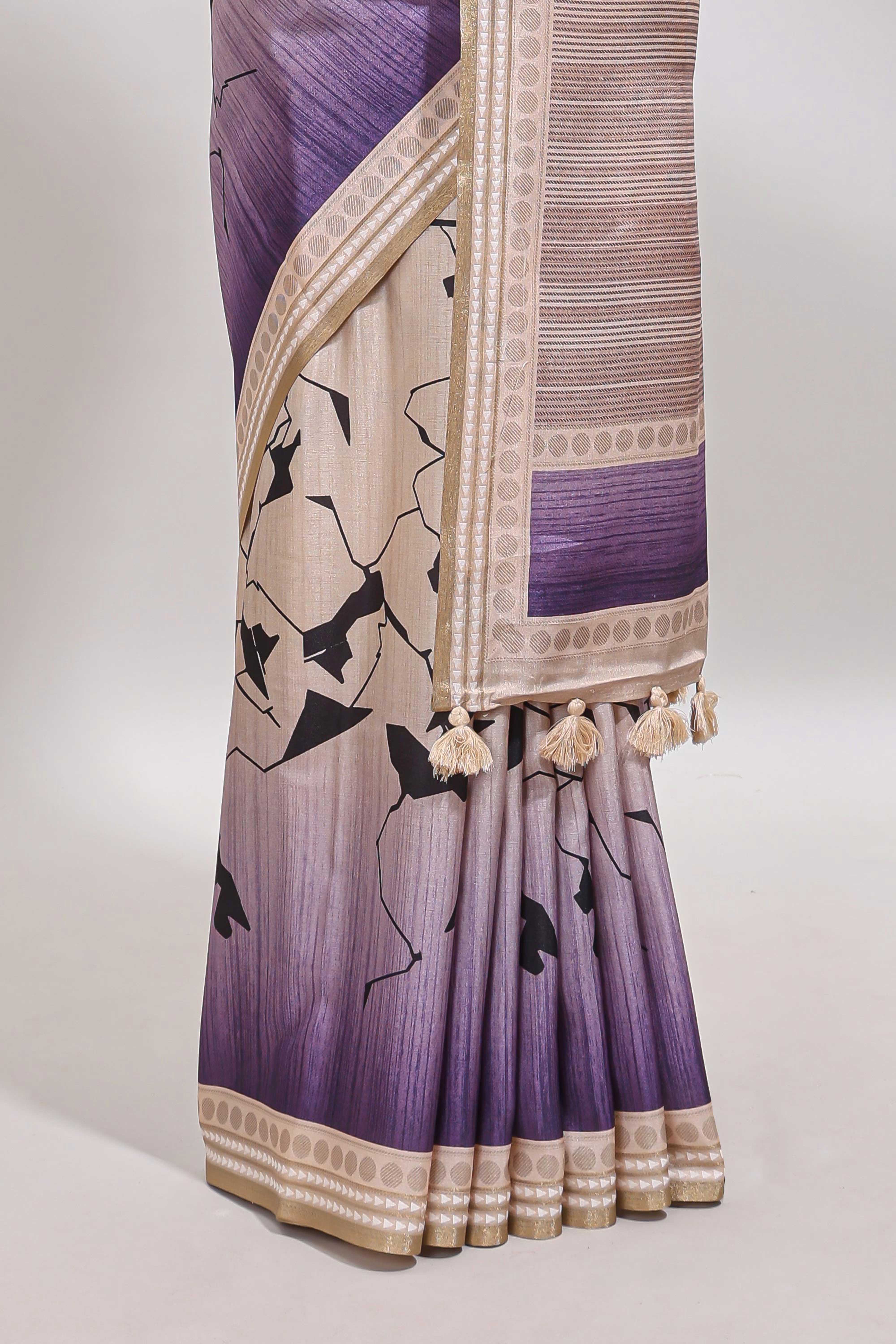 Beige geometric design tussar saree with self border and matching blouse
