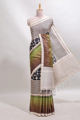 Beige geometric design tussar saree with self border and matching blouse