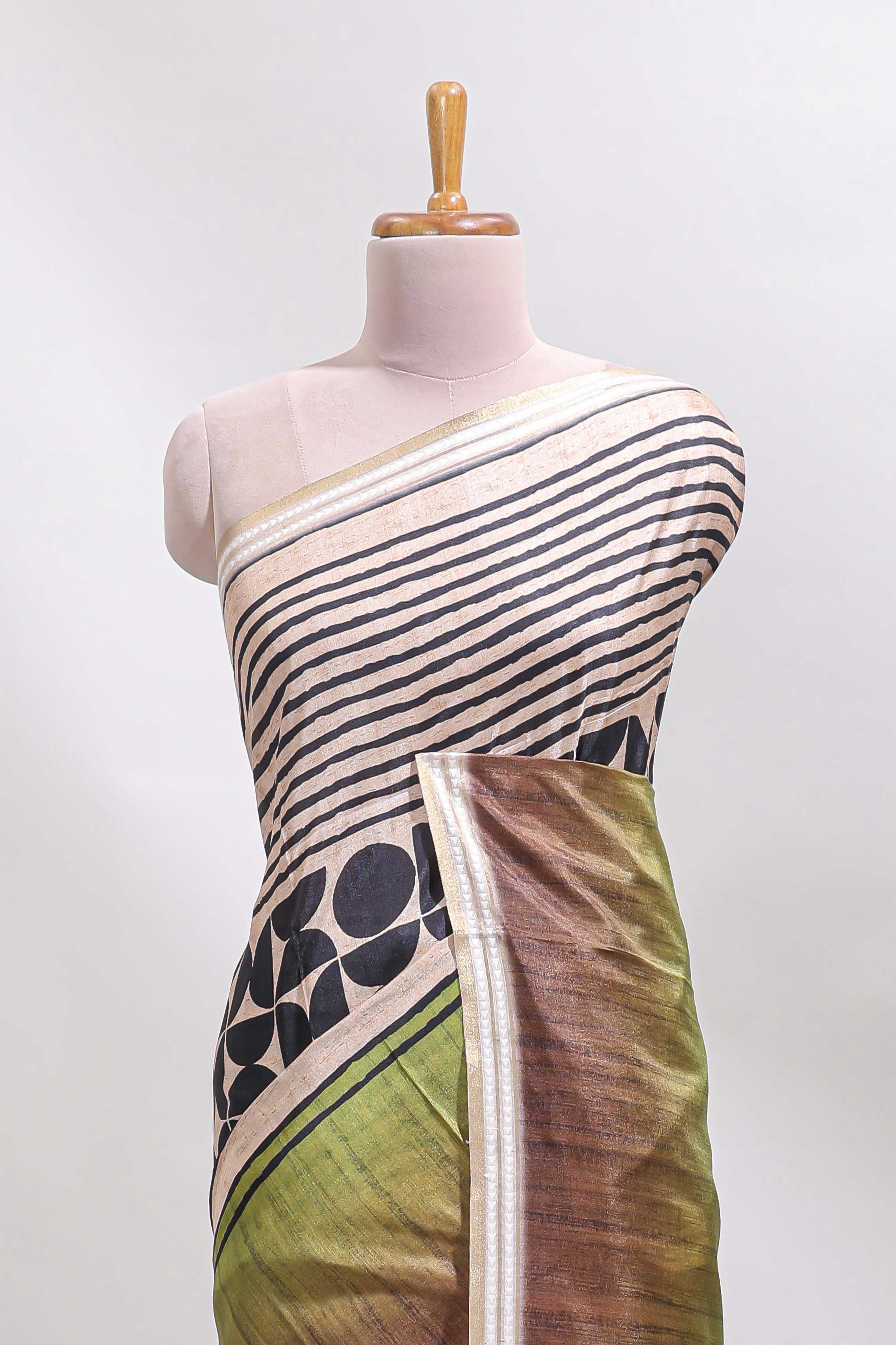 Beige geometric design tussar saree with self border and matching blouse