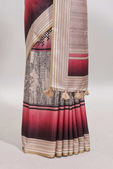 Beige geometric design tussar saree with self border and matching blouse