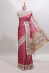 Pink striped tussar saree with contrast birds & floral design border and floral printed blouse