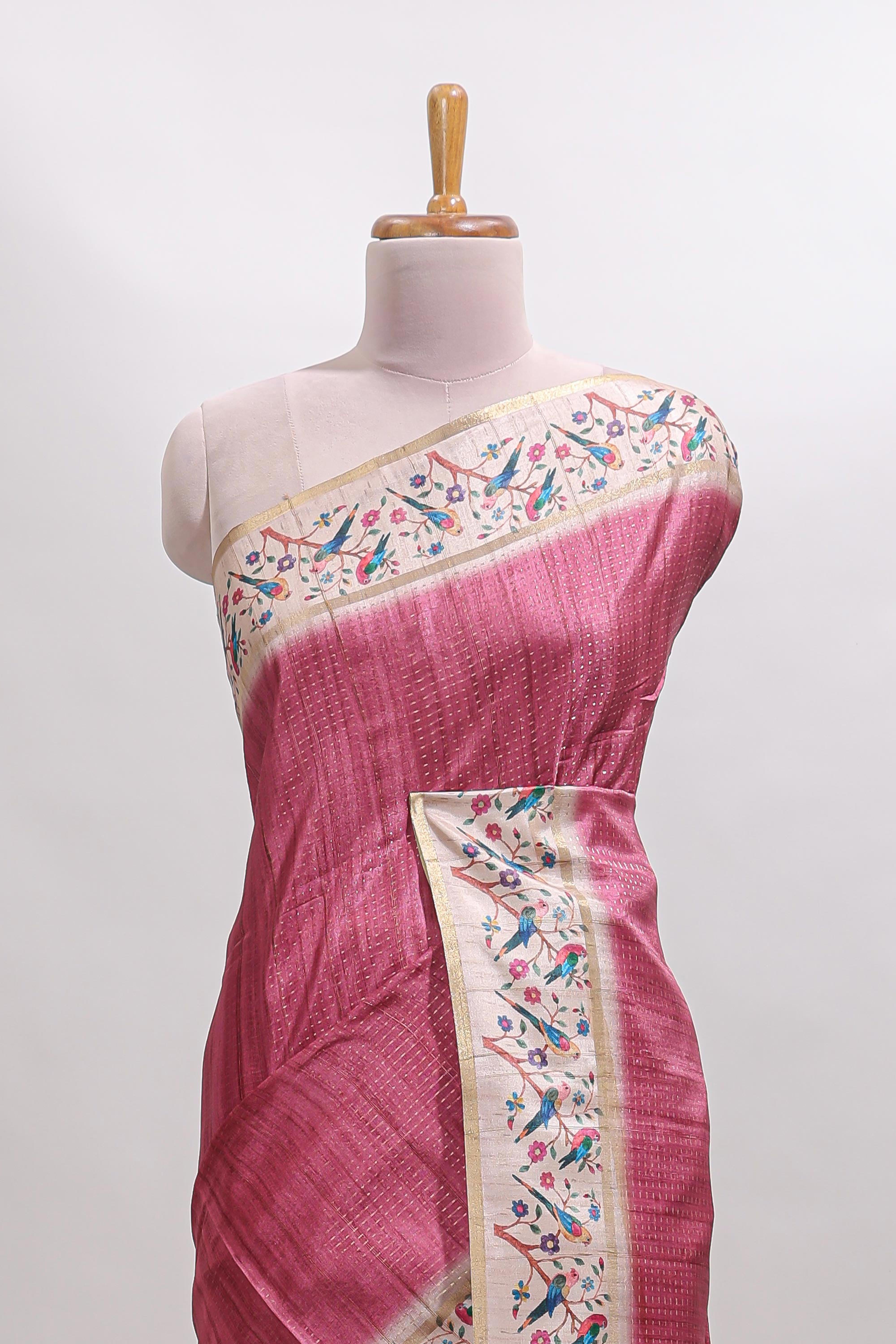 Pink striped tussar saree with contrast birds & floral design border and floral printed blouse