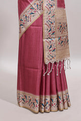 Pink striped tussar saree with contrast birds & floral design border and floral printed blouse